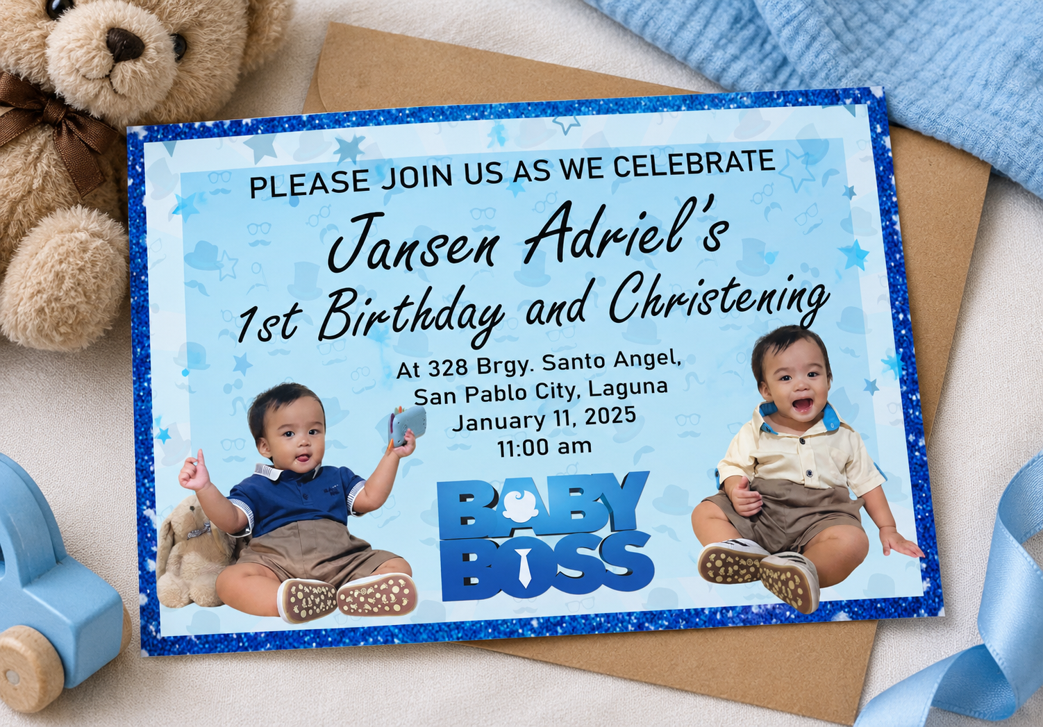 Blue birthday and christening invitation design